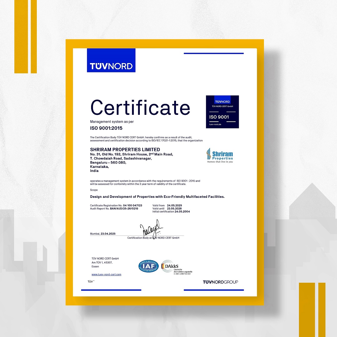 Shriram Properties ISO 9001 Certified
